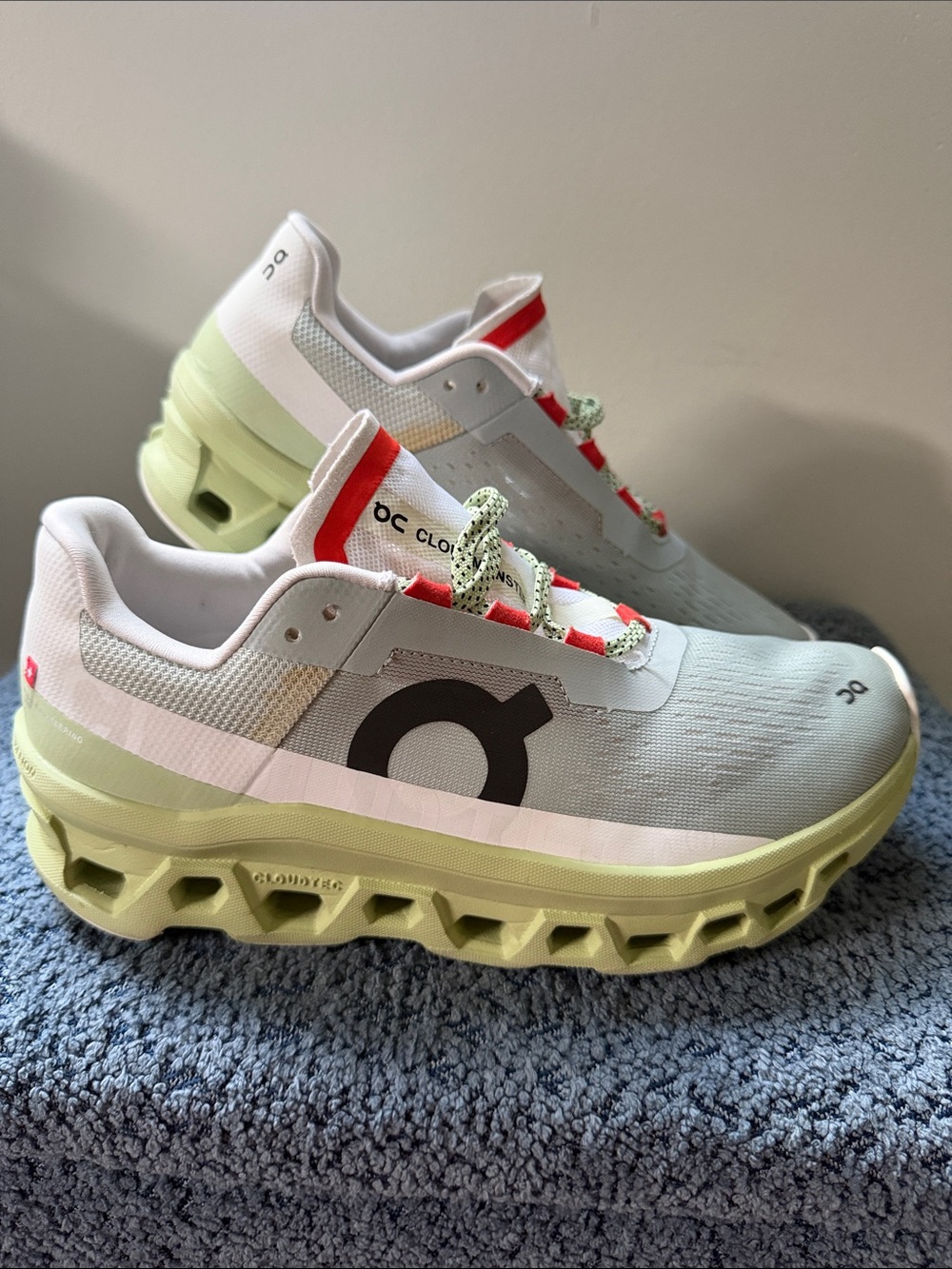 On Running Cloudmonster Sneakers in Light Gray, Lime and Red